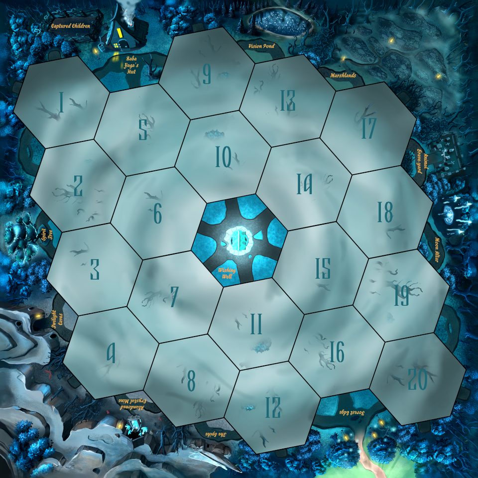 The game board: a hex grid of forest tiles around the Wishing Well, with Baba Yaga's hut, the Forest Edge, and the Wood's named places along the margins