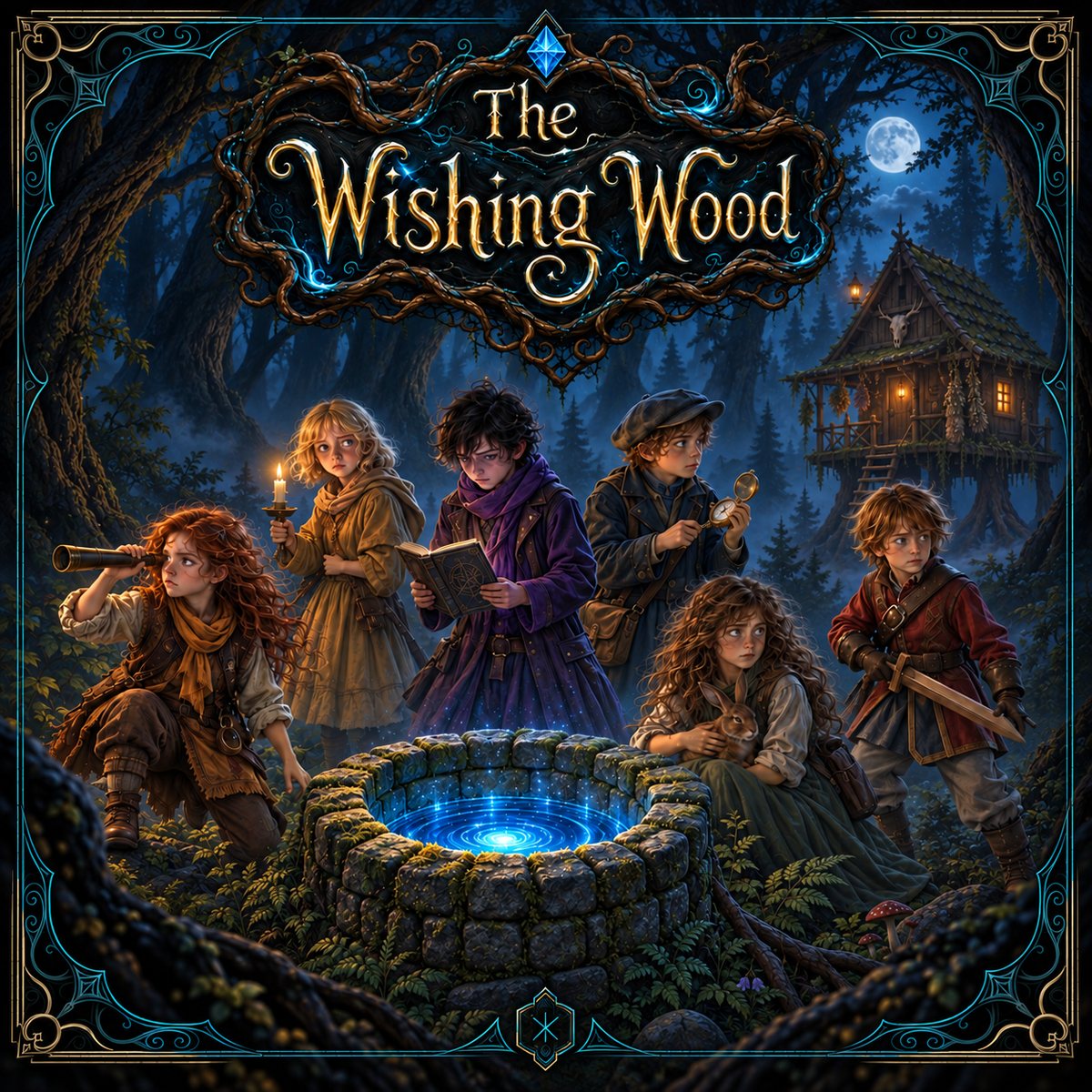The Wishing Wood: six children gathered around a glowing well in a dark forest, Baba Yaga's hut lit in the trees behind them